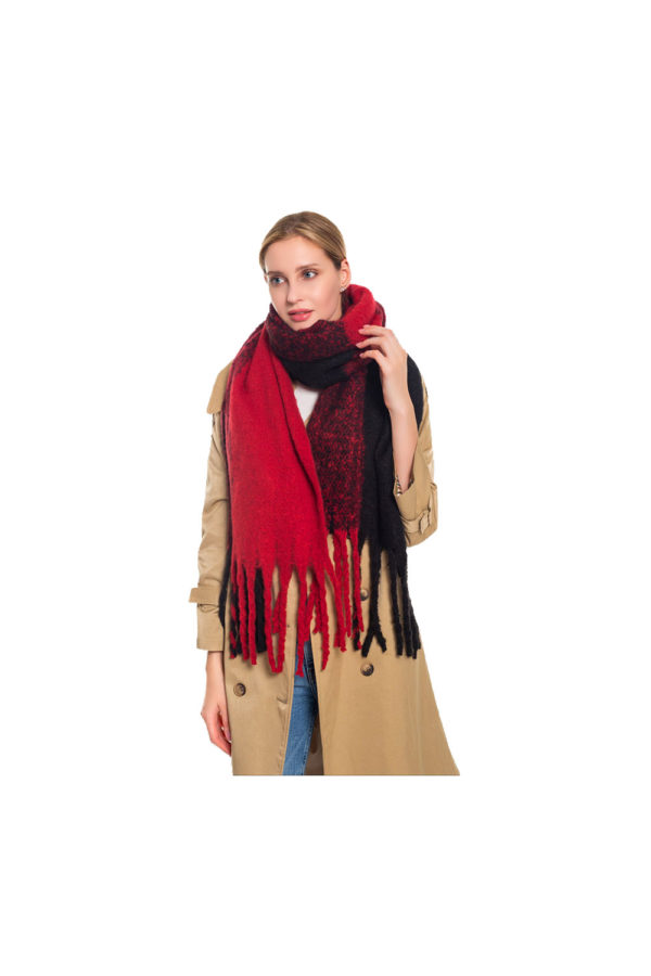 RED COLORBLOCKED KNIT SCARF WITH FRINGE