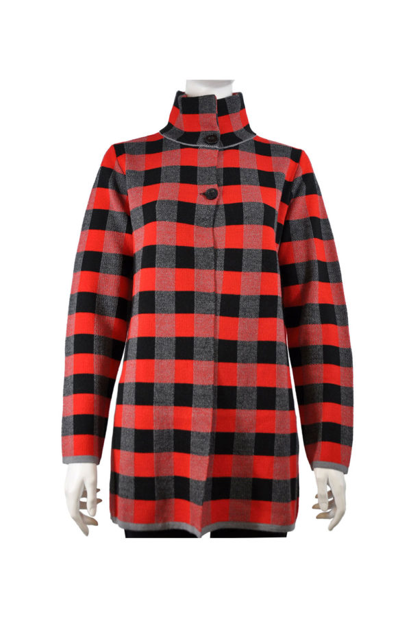 RED CHECK PRINT KNIT OPEN SWEATER