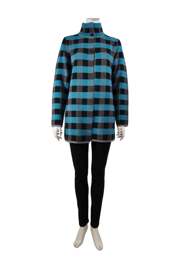 TEAL CHECK PRINT KNIT OPEN SWEATER