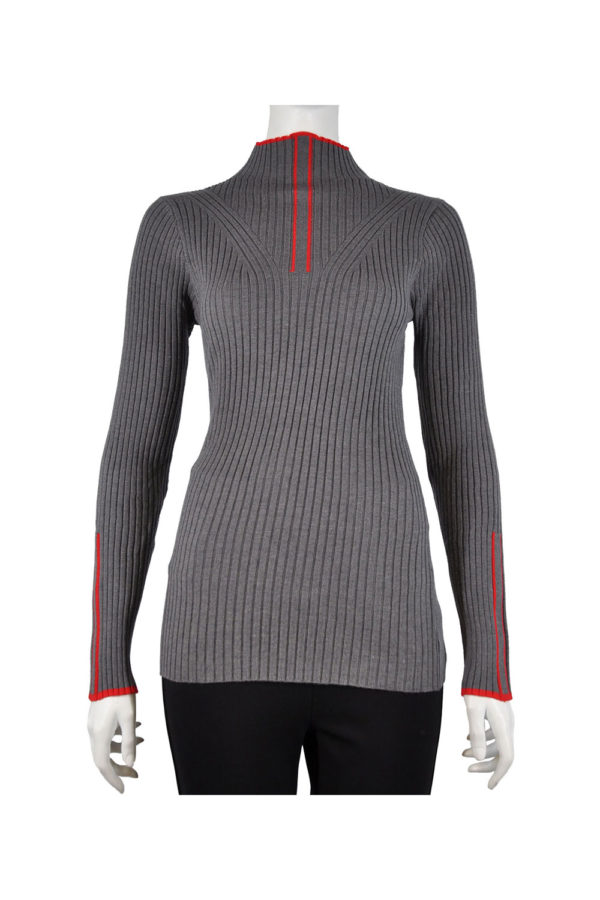 GREY AND RED RIB KNIT LONG SLEEVE TOP