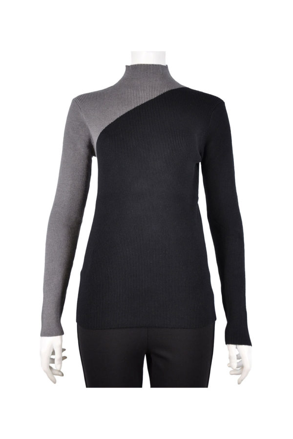 BLACK AND GREY COLORBLOCK LONG SLEEVE MOCK NECK KNIT TOP