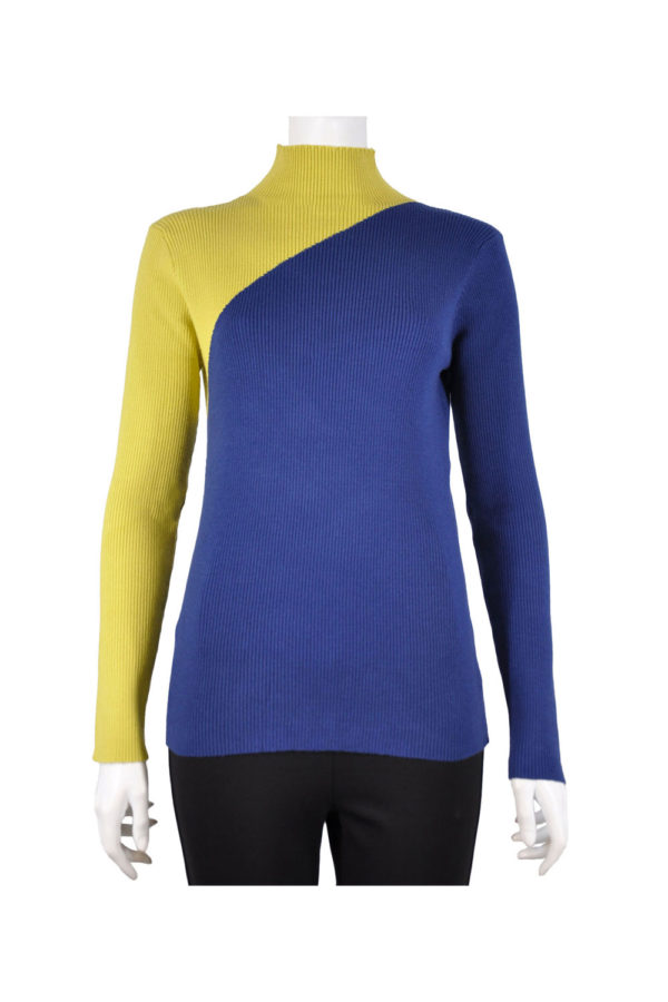 NAVY AND GREEN COLORBLOCK LONG SLEEVE MOCK NECK KNIT TOP