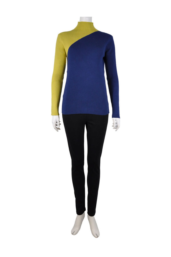 NAVY AND GREEN COLORBLOCK LONG SLEEVE MOCK NECK KNIT TOP
