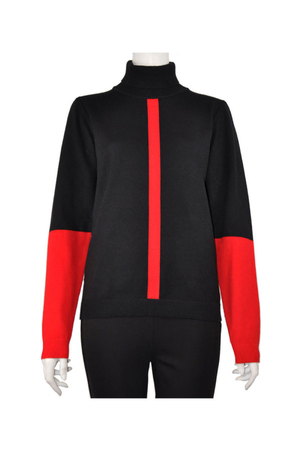 BLACK AND RED COLORBLOCKED TURTLENECK SWEATER
