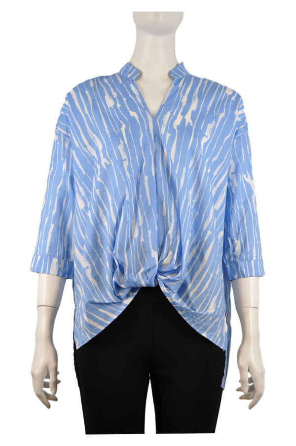 BLUE AND WHITE KNOT FRONT V NECK TOP
