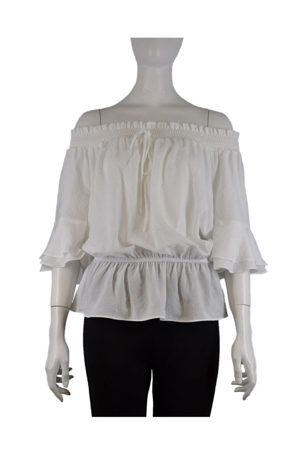OFF WHITE ELASTIC NECK AND WAIST RUFFLE TOP
