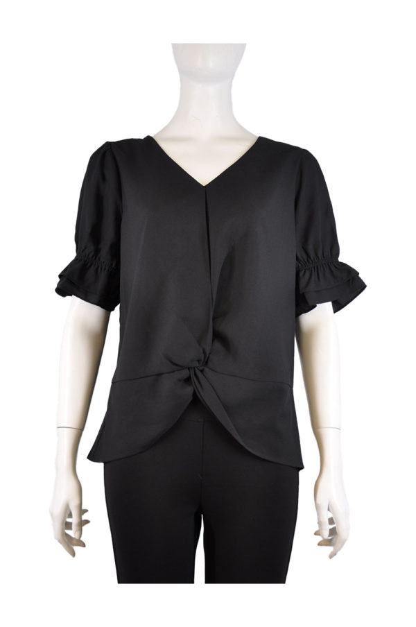 BLACK V NECK RUFFLE SLEEVE KNOT FRONT TOP