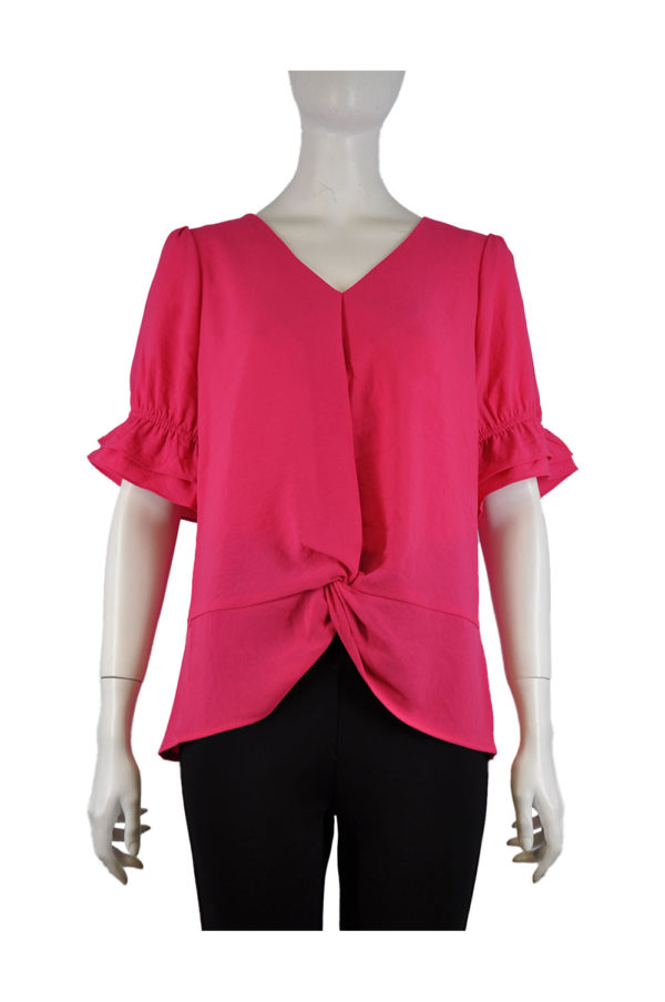 PINK V NECK RUFFLE SLEEVE KNOT FRONT TOP