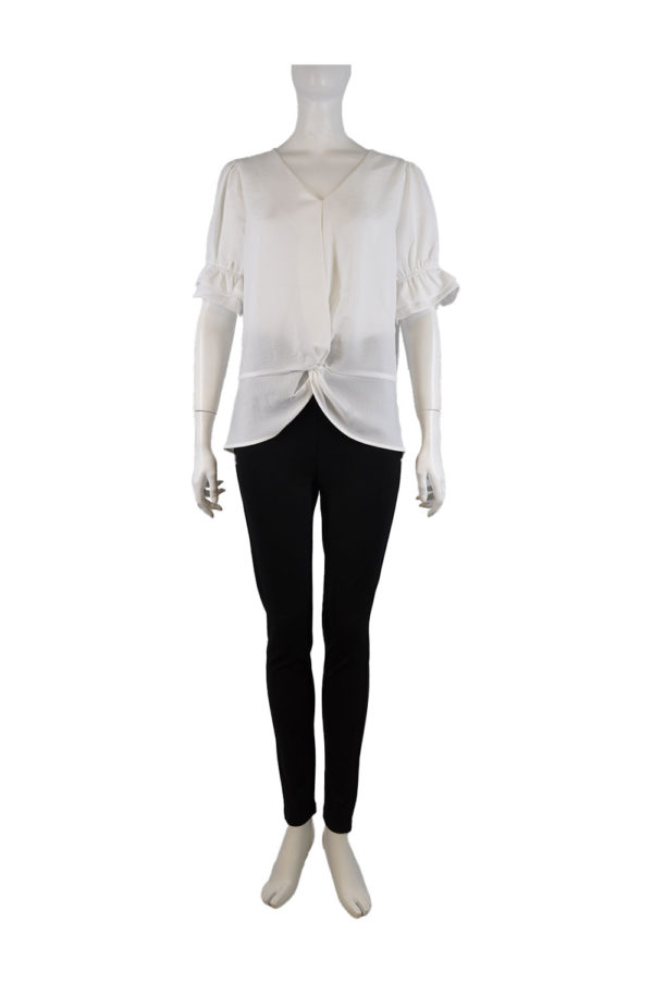 WHITE V NECK RUFFLE SLEEVE KNOT FRONT TOP
