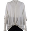 WHITE ROLL SLEEVE MANDARIN NECK FRONT GATHER TOP
