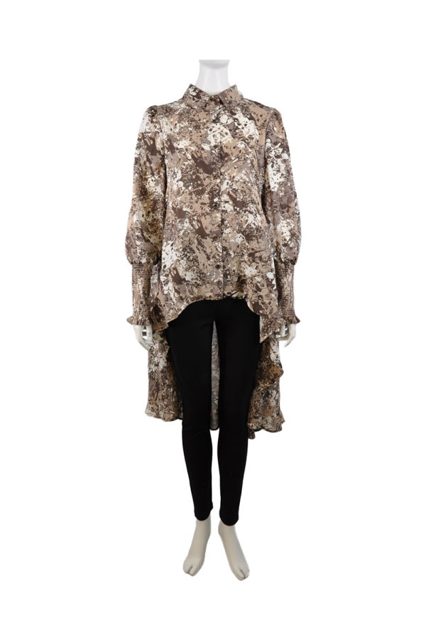 taupe printed smock sleeve high low blouse