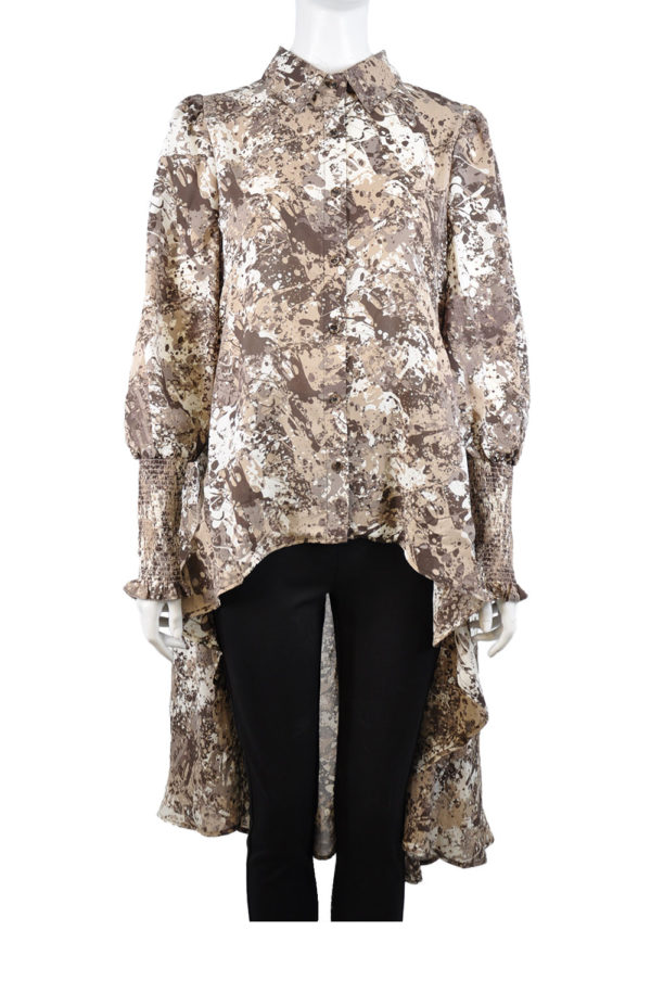 taupe printed smock sleeve high low blouse