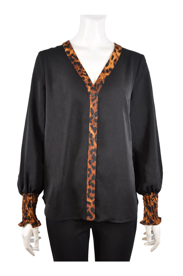 BLACK BLOUSE TOP WITH ANIMAL TRIM AND SMOCKED SLEEVE CUFF