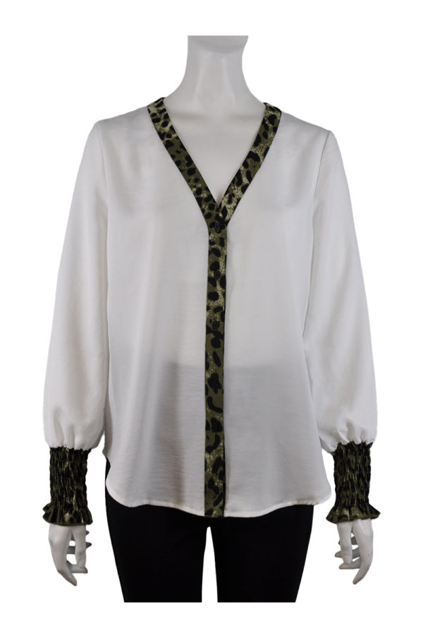 WHITE BLOUSE TOP WITH ANIMAL TRIM AND SMOCKED SLEEVE CUFF