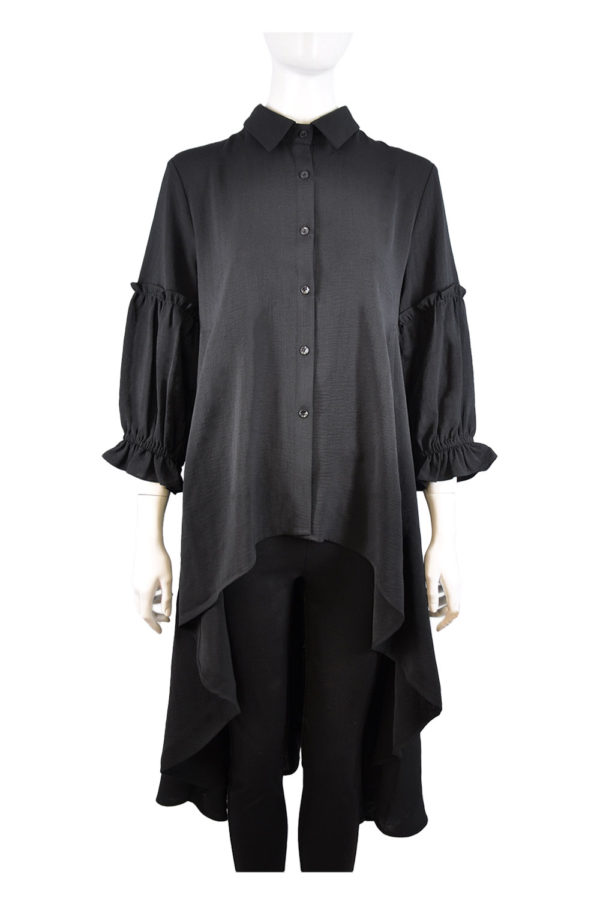 black high low blouse with sleeve ruffle detail