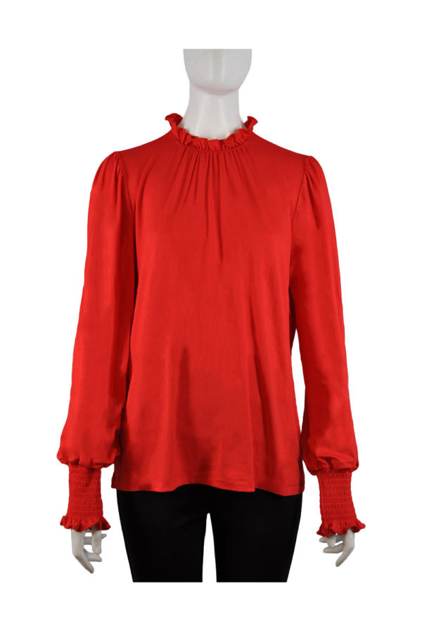 red smocked cuff long sleeve lettuce neck top