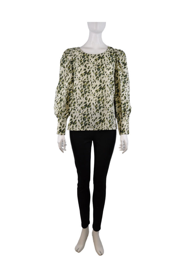 GREEN AND WHITE PRINTED PUFF SLEEVE TOP