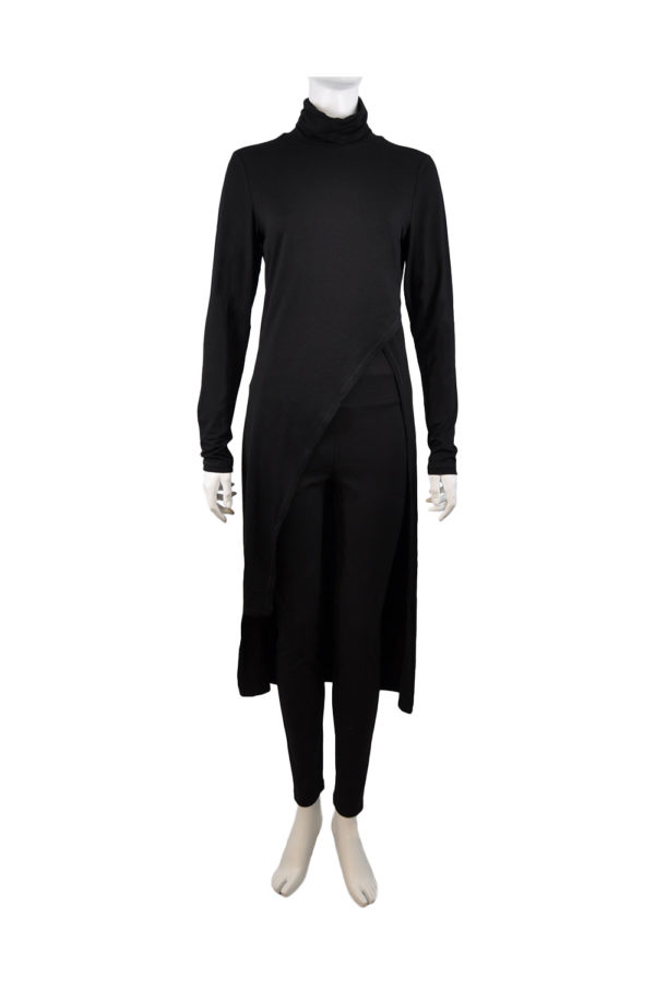 BLACK HIGH NECK SPLIT FRONT ASYMMETRIC LONG SLEEVE TOP