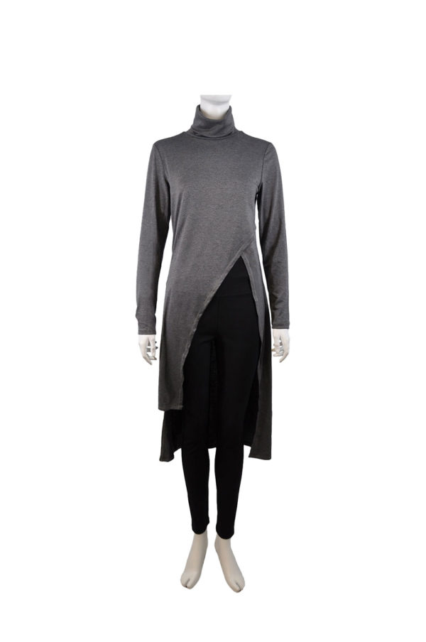 GREY HIGH NECK SPLIT FRONT ASYMMETRIC LONG SLEEVE TOP