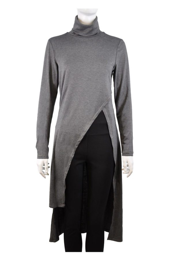 GREY HIGH NECK SPLIT FRONT ASYMMETRIC LONG SLEEVE TOP