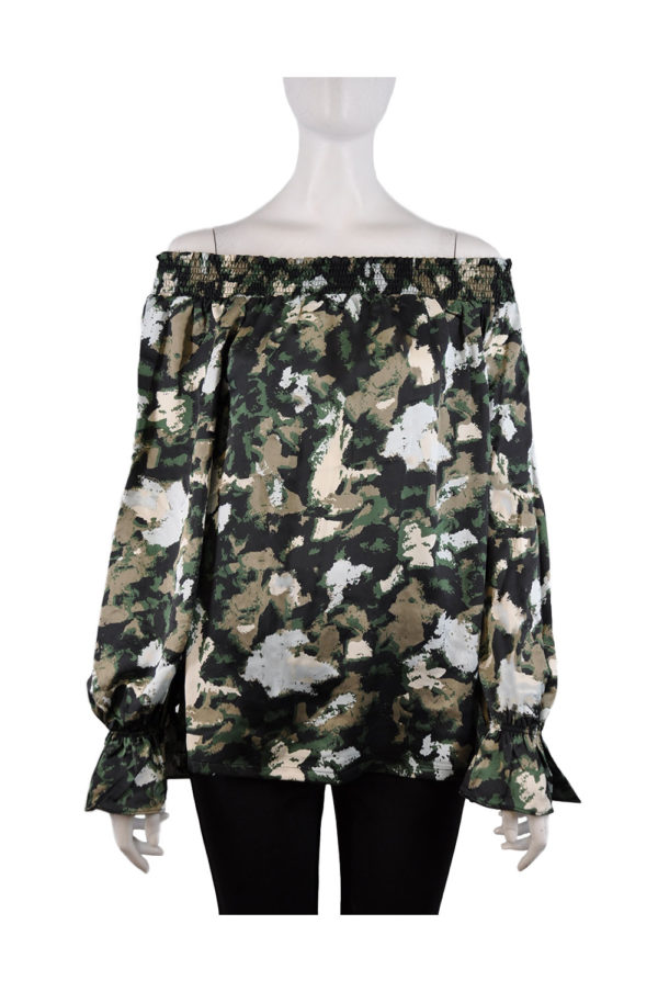 GREEN PRINTED ELASTIC NECK OFF THE SHOULDER BELL SLEEVE TOP