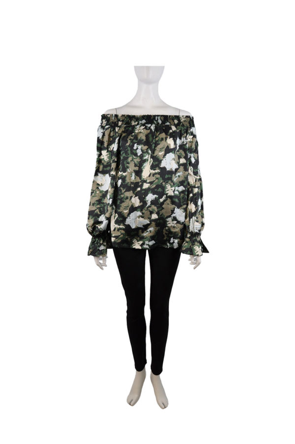 GREEN PRINTED ELASTIC NECK OFF THE SHOULDER BELL SLEEVE TOP