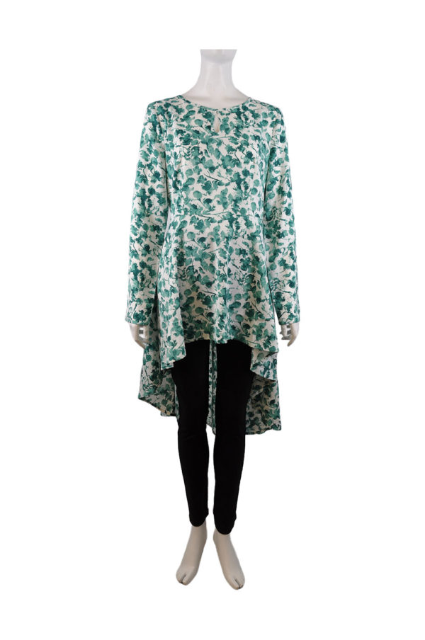 GREEN PRINTED KEYHOLE HIGH LOW TUNIC TOP