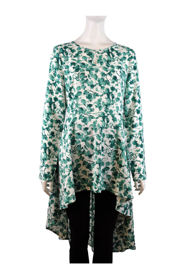 GREEN PRINTED KEYHOLE HIGH LOW TUNIC TOP