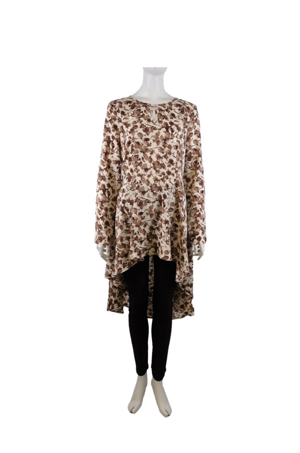 BROWN PRINTED KEYHOLE HIGH LOW TUNIC TOP