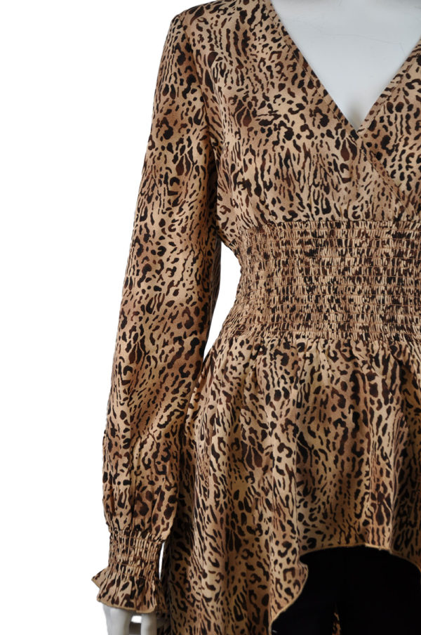 brown cheetah printed v neck smock waist high low long sleeve top