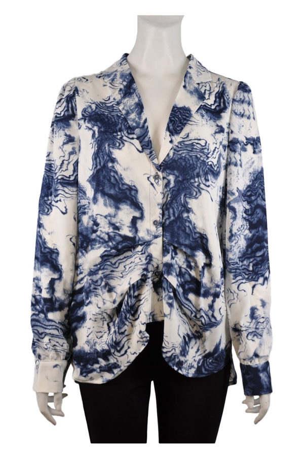 blue printed front pleat blouse