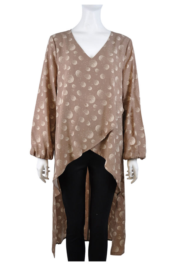 taupe printed high low wrap front top