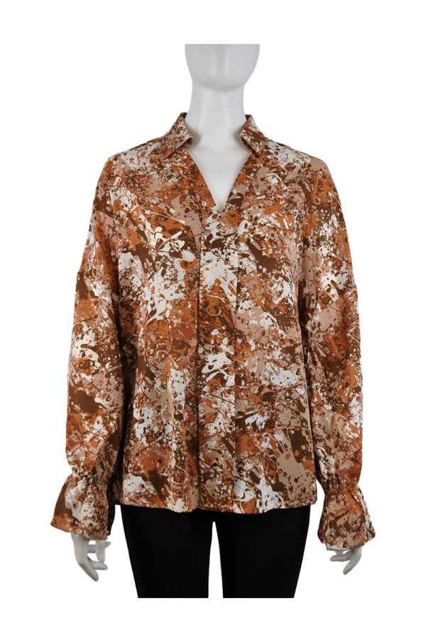 rust printed v neck elastic bell sleeve top