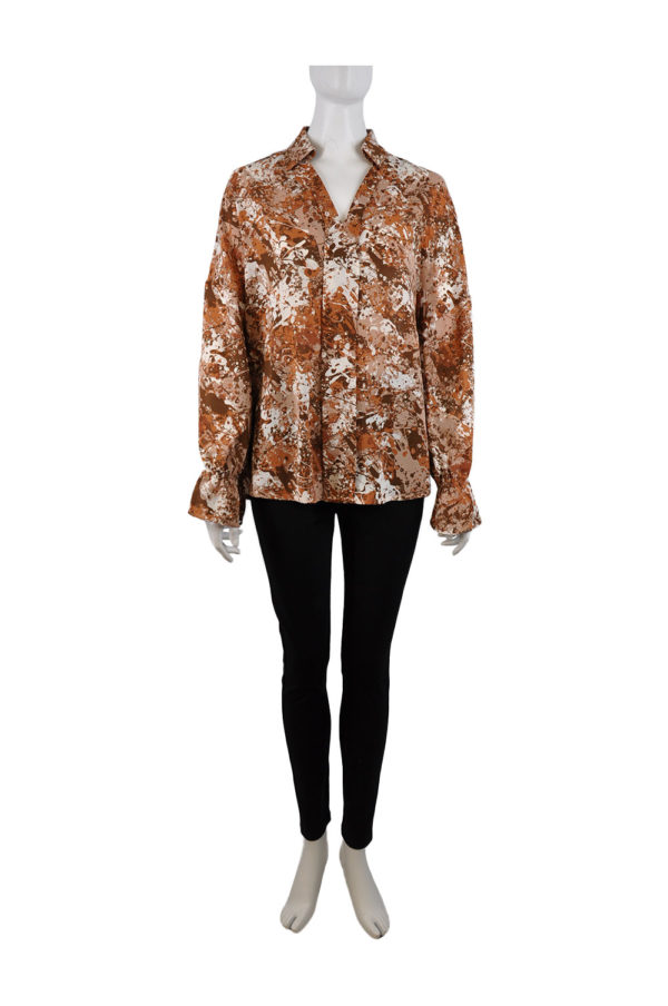 rust printed v neck elastic bell sleeve top