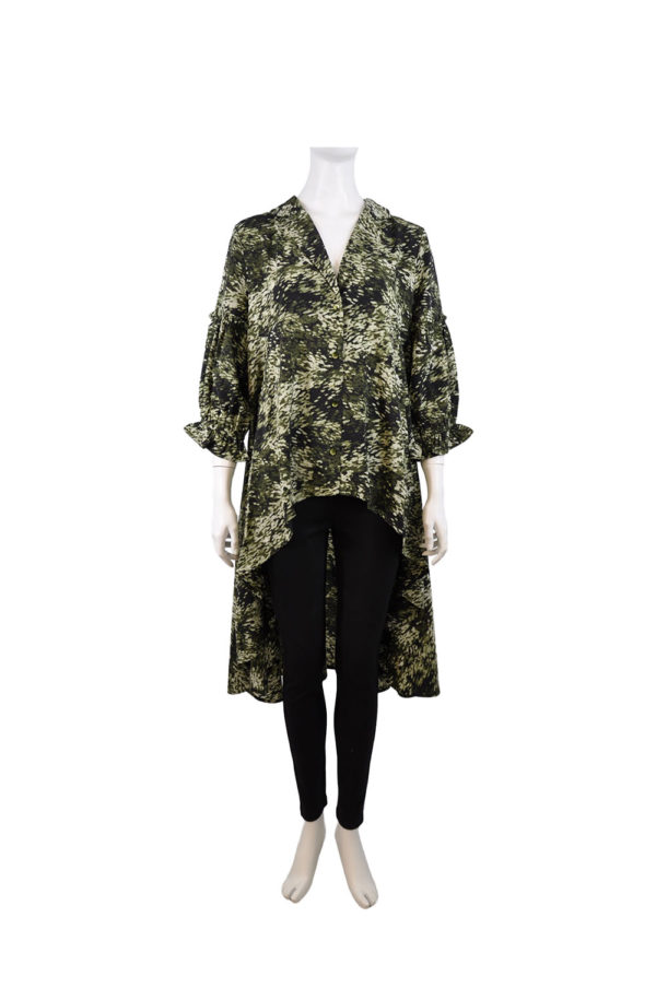 GREEN PRINTED HIGH LOW BLOUSE WITH BELL SLEEVES