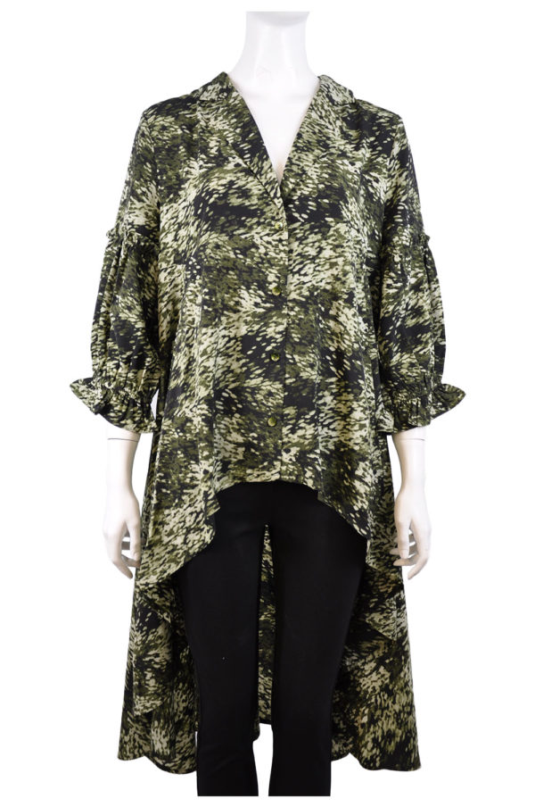 GREEN PRINTED HIGH LOW BLOUSE WITH BELL SLEEVES
