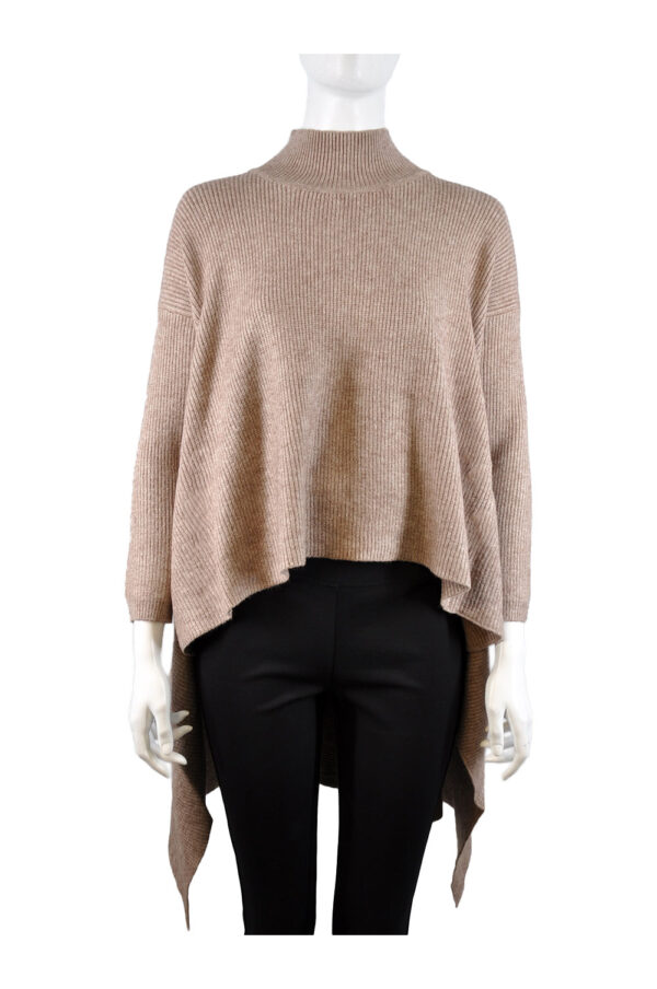 TAUPE HIGH LOW MOCK NECK ASYMMETRIC SWEATER
