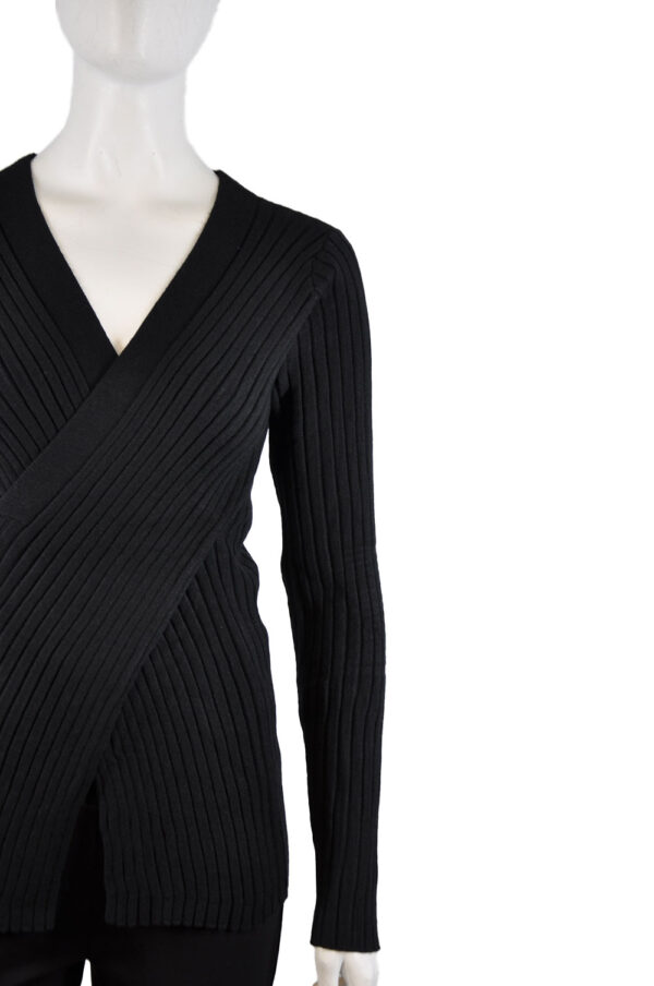 BLACK FAUX WRAP RIBBED SWEATER