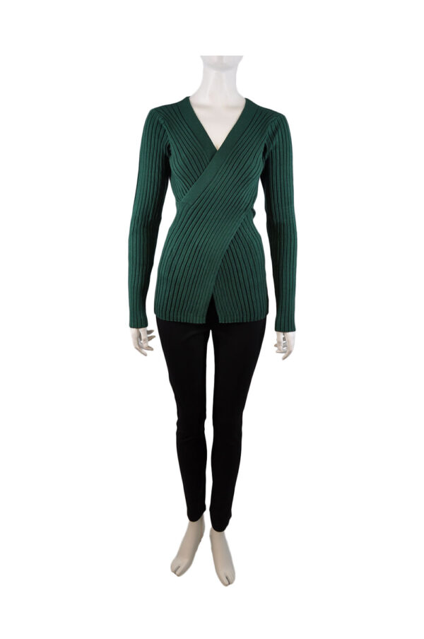 HUNTER GREEN FAUX WRAP RIBBED SWEATER