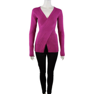 MAGENTA FAUX WRAP RIBBED SWEATER