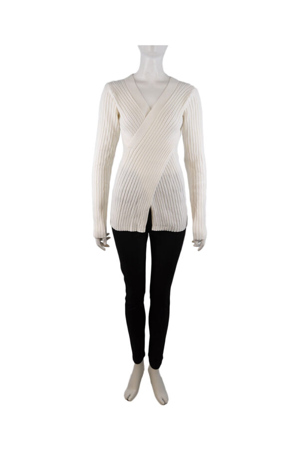 WHITE FAUX WRAP RIBBED SWEATER