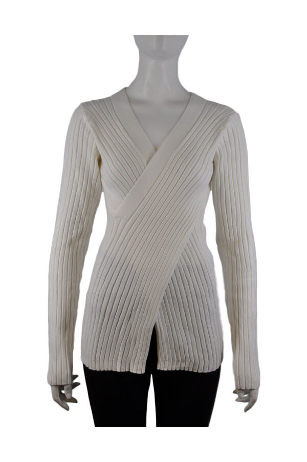 WHITE FAUX WRAP RIBBED SWEATER