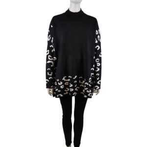 BLACK MOCK NECK ONE SIZE SWEATER WITH ANIMAL PRINT DETAIL